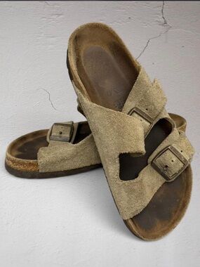 Birkenstock Arizona Light Olive Green & Brown Suede Sandals Slides 5- 5.5 EU 36